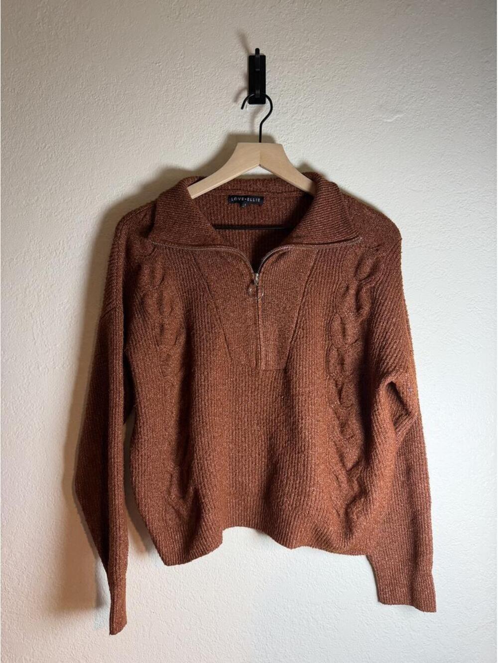 Love Ellie Brown Cable Knit Half-Zip Sweater Large